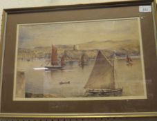C TAYLOR "Sailing vessels in harbour with sailing barge in foreground", watercolour,