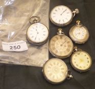 A collection of six various engraved silver / white metal ladies pocket watches