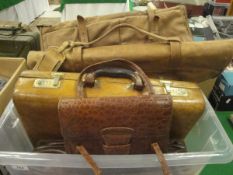 A collection of various leather and other briefcases, bags, suit bag, Gladstone type bag,