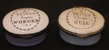 A late 18th Century Bilston enamel patch box of waisted oval form,