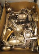 A box of various plated and other wares to include open salts, peppers, corkscrews,