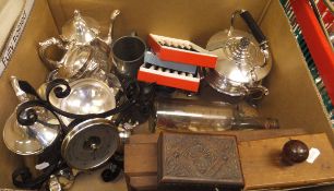 A box of miscellaneous plated and other wares to include a plated spirit kettle on stand inscribed