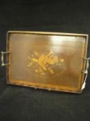 A mahogany and marquetry inlaid two-handled tray,