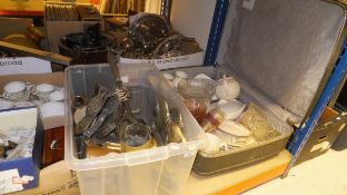 A crate of various brass wares and a suitcase of various glass and china wares (2)