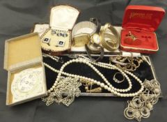 A collection of various costume jewellery to include cufflink and shirt stud set, pearl necklace,