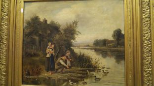 JOHN LOCKER "Snaring the ducks", four children by riverside with ducks on the water, oil on canvas,