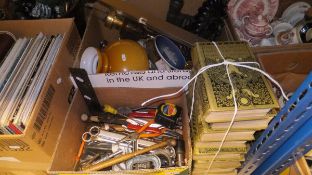 A box of various chinaware, glassware, carnival glass bowls, binoculars, oil lamp, oak plant stand,