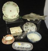 A collection of decorative china wares to include an Oriental porcelain model of a fish,