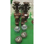 Two pairs of Chinese patinated bronze vases,