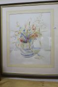 ELISABETH JANE LLOYD "Mixed flowers in blue and white jug", watercolour,