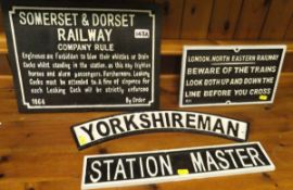 A collection of four reproduction cast iron railway signs to include "Yorkshireman",