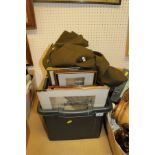 A box of various prints, two treen ware table lamps, various mirrors, No.