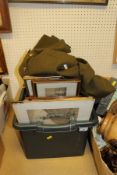 A box of various prints, two treen ware table lamps, various mirrors, No.