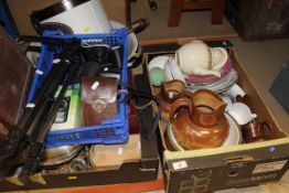 Three boxes of assorted sundry china, plates, pictures, etc,