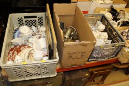 Three boxes of assorted decorative chinaware to include plates, sugar bowls, milk jugs, etc,