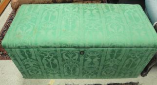 A green damask covered box ottoman with wrought iron handles CONDITION REPORTS