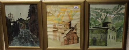 LATE 20TH CENTURY RUSSIAN SCHOOL "Ecclesiastical buildings and mountains", watercolour, signed,