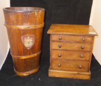 A circa 1900 miniature table top chest of four drawers, a coopered oak bucket,