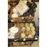 Two boxes containing assorted wall lights, stoneware storage pots, etc,