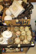 Two boxes containing assorted wall lights, stoneware storage pots, etc,