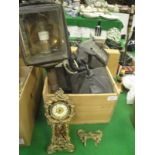 A Victorian coaching lamp (converted to electricity) and three various Art Nouveau style metal and