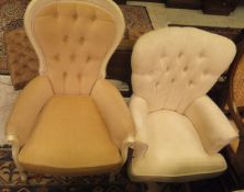 A modern salon chair with cream painted show frame upholstered in oatmeal velour fabric,