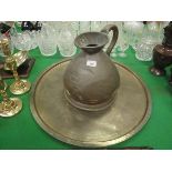 An early 20th Century two gallon copper haystack measure and a Benares type brass tray