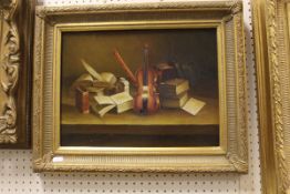 ENGLISH SCHOOL "Still life study of a violin amongst books upon ledge", unsigned, together with J.