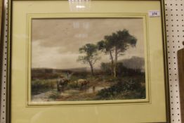 H C FOX "Cattle herder and herd watering in pond in a landscape", watercolour,