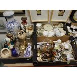 Seven boxes of assorted china, glass, etc, to include dolls, decanters, Denby "Coloroll",