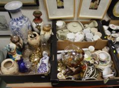 Seven boxes of assorted china, glass, etc, to include dolls, decanters, Denby "Coloroll",