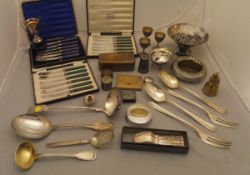 A box of assorted plated wares to include an Art Deco style bonbon dish, various serving spoons,