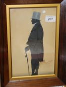 19TH CENTURY ENGLISH SCHOOL "Gentleman in grey top hat and tail coat holding a walking cane",