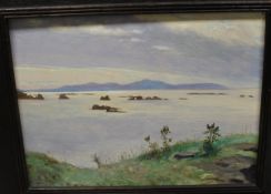 F D B "The Paps of Jura, painted from Isla", coastal lanscape, oil on board,