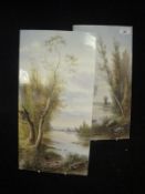 Two English ceramic tiles painted with a river landscape and woodland,