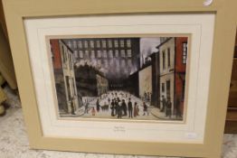 AFTER L S LOWRY "Street scene", colour print, ANN KELLY-MCPHERSON "Duntisbourne Rouse Church",