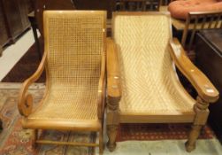 A hardwood and wicker seated Plantation chair and one similar Bergere chair