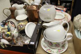 Two boxes of assorted china wares and sundry items, to include copper foot warmer,