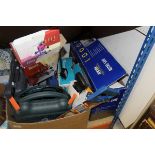 A collection of tools to include mitre saw, Power Devil router, Bosch jigsaw,