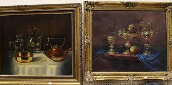 C M CELEME "Silver gilt tazza, ewer and goblet with fruit on a table", a still life study,