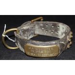 A Victorian leather and brass bound dog collar bearing plaque inscribed "J. A.