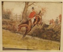 RW BROWN "Huntsman Over a Hedge", watercolour,