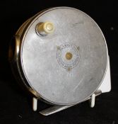 A Hardy "Perfect", contracted drum trout fly reel, three and three-eighth inch diameter.