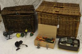 Two fisherman's wicker creels, containing a quantity of fishing tackle to include floats,