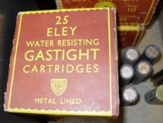 A selection of rare cartridges including one box 25 Eley gas tight metal lined cartridges 32- gauge
