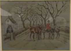 EM "Hurry Up Girls Don't Sit Too Long" a study of huntsman holding horses whilst ladies visit an