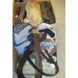 Three boxes of assorted horse blankets, bandages, bridle pieces,