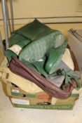 A collection of six canvas shoulder bags, a French reed wicker creel, seven reel pouches,