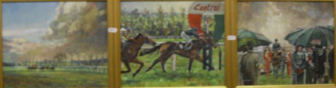 D M DENT "Grand National triptych", oil on board,