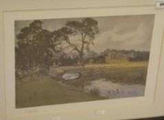 AFTER LIONEL EDWARDS "Berkeley Castle" with huntsman and hounds on bridge in foreground colour